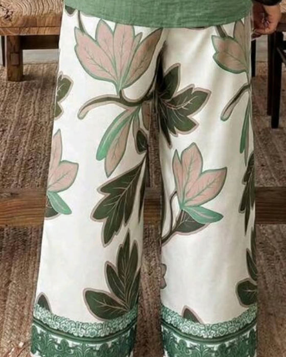 Set Mouwloze Top Botanische Print Wijd Pijp Broek