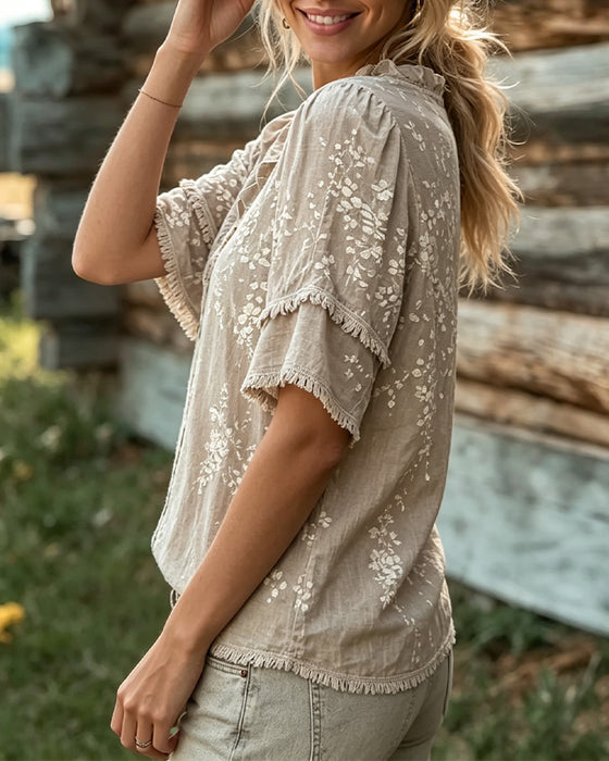 Blouse V-Hals Kant Rand Franje Print