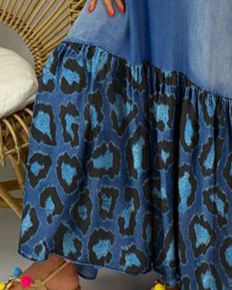 Lange Jurk Camisole Ruche Luipaardprint Paneel