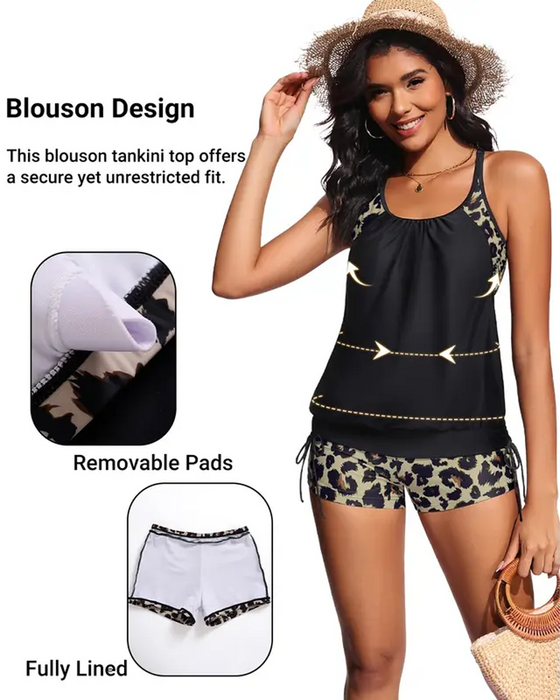 Tankini Mouwloos Luipaard Patchwork Trekkoord