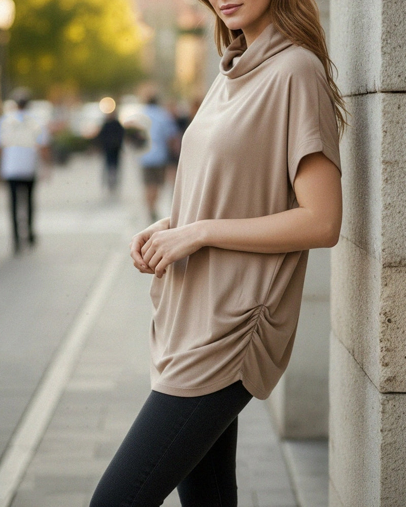 Blouse Mock Hals Korte Mouw Zijde Gerimpeld