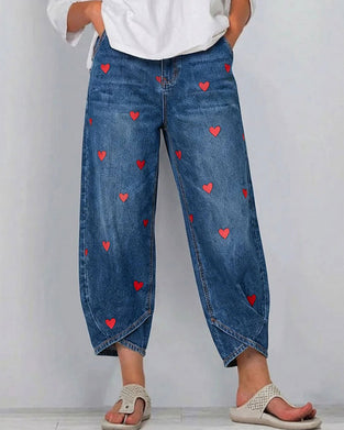 Broek Hart Print Denim Enkel