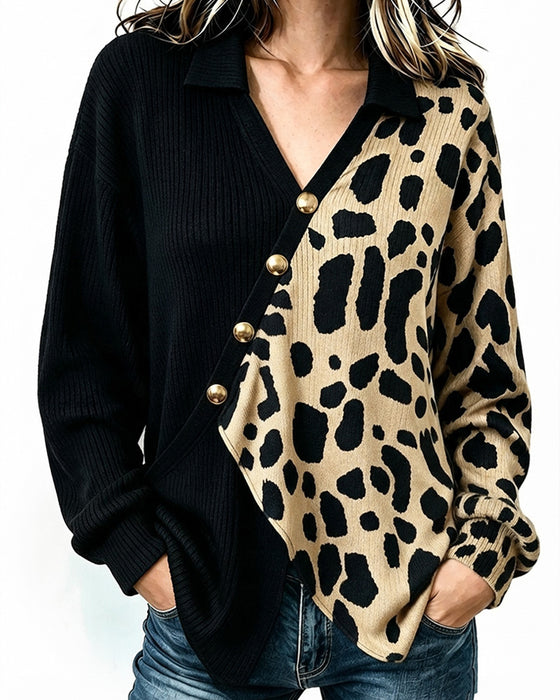 Pullover Luipaard Patchwork Asymmetrische Sluiting Kleurblok