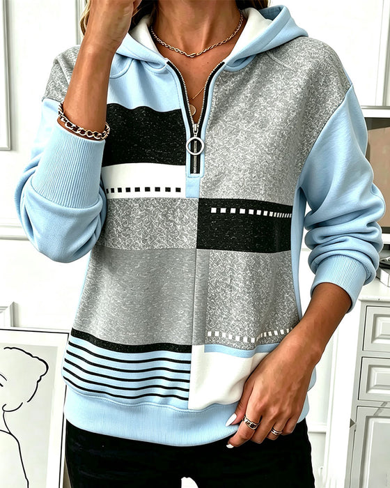 Hoodie Halve Rits Contrast Geometrische Print