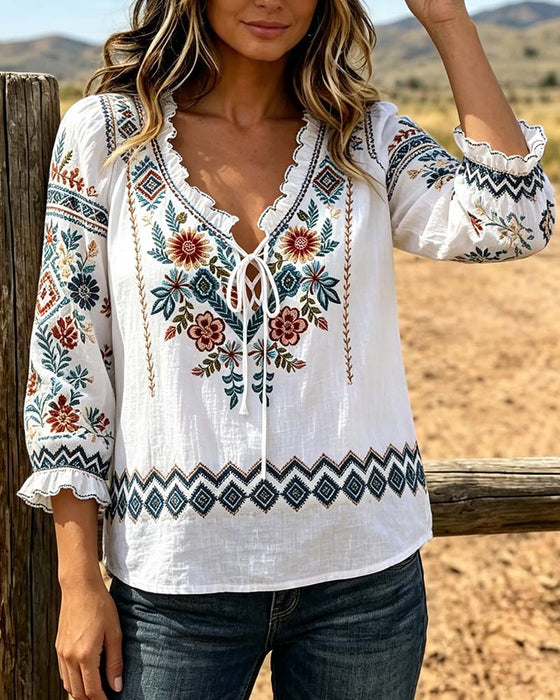 Blouse V-Hals Bohemien Ruffle