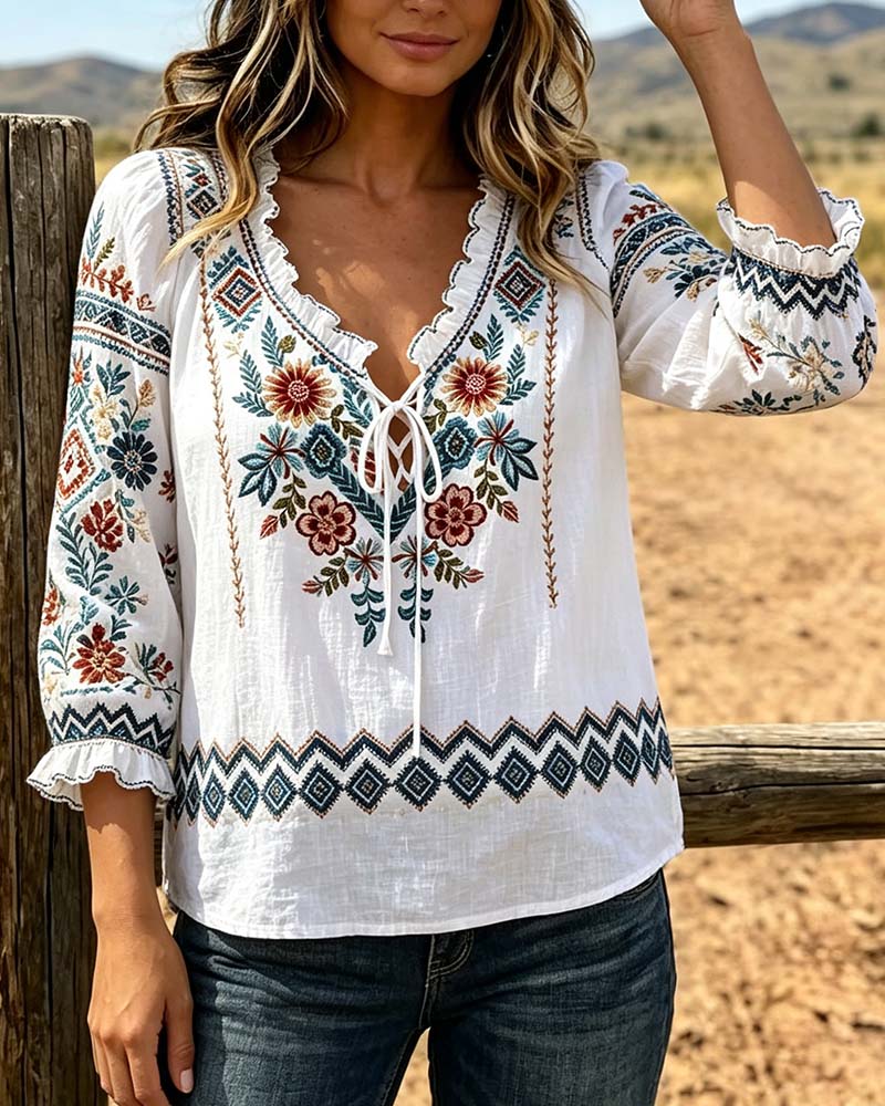Blouse V-Hals Bohemien Ruffle