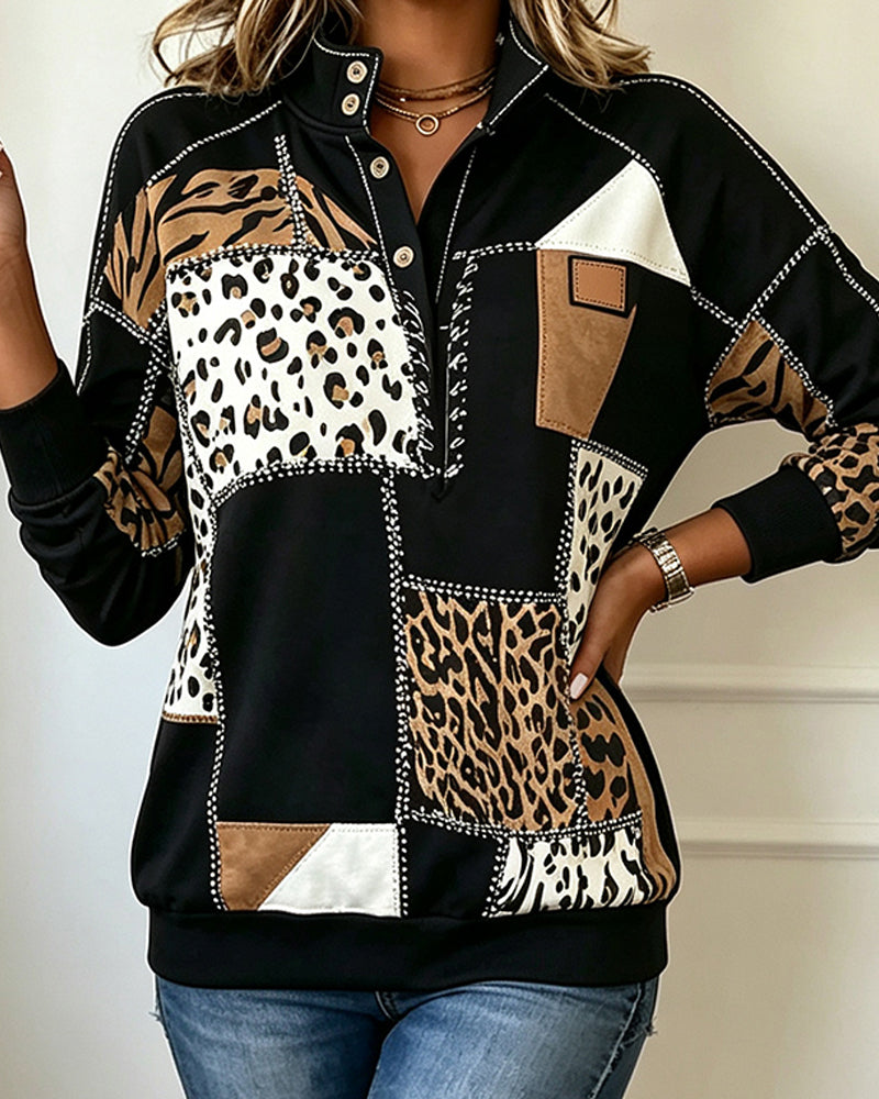 Sweatshirt Luipaard Patchwork Staande Kraag