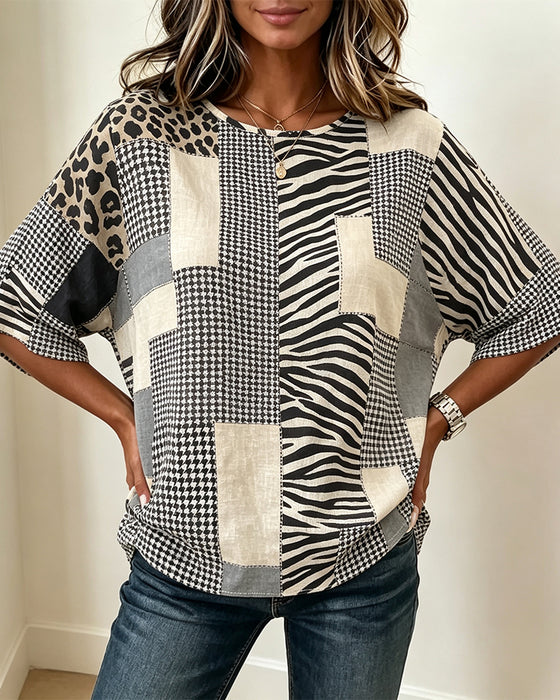 Blouse Ronde Hals Patchwork Ruit Luipaard