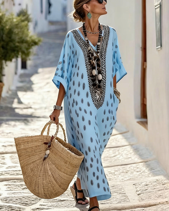 Jurk V-Hals Stippen Resort Print