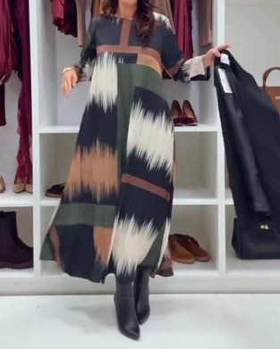 Modieuze Gedrukte Jurk Met Ronde Hals En Lange Mouwen