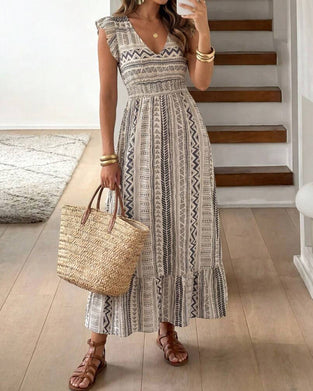 Jurk Geometrisch Afdruk Getailleerd Flutter Mouw Maxi