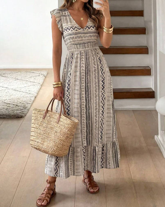 Jurk Geometrisch Afdruk Getailleerd Flutter Mouw Maxi