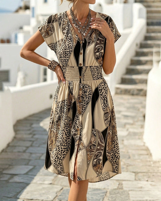 Jurk Luipaardprint V-Hals Knoop Taille