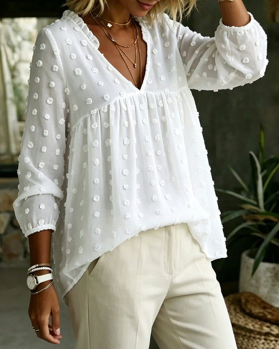 Blouse V-Hals Lange Mouw Geplooid