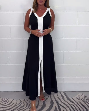 Mouwloze jurk met kleurblokken en split