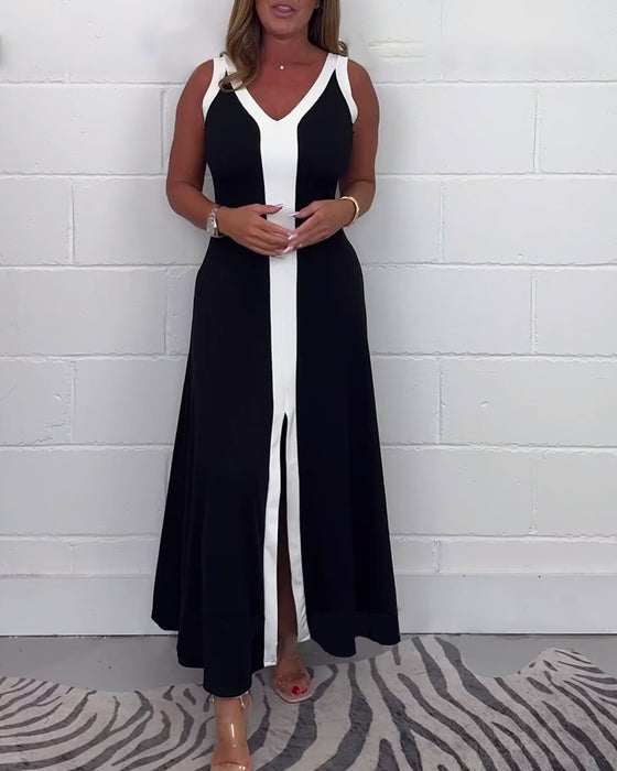 Mouwloze jurk met kleurblokken en split