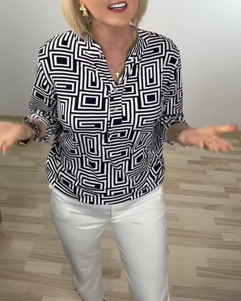 Overhemd Geometrisch Half-Open Kraag Driekwart Mouw