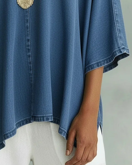 Blouse Van Losse Denim Met Asymmetrische V-Hals