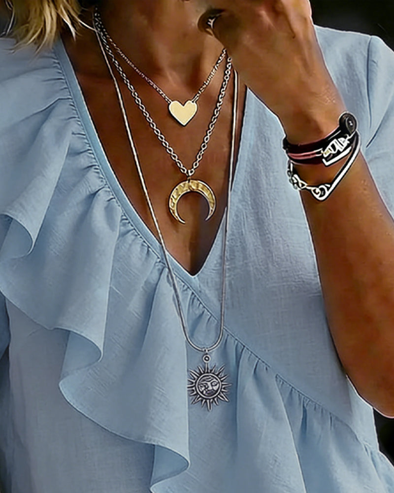 Blouse V-Hals Korte Mouw Ruches