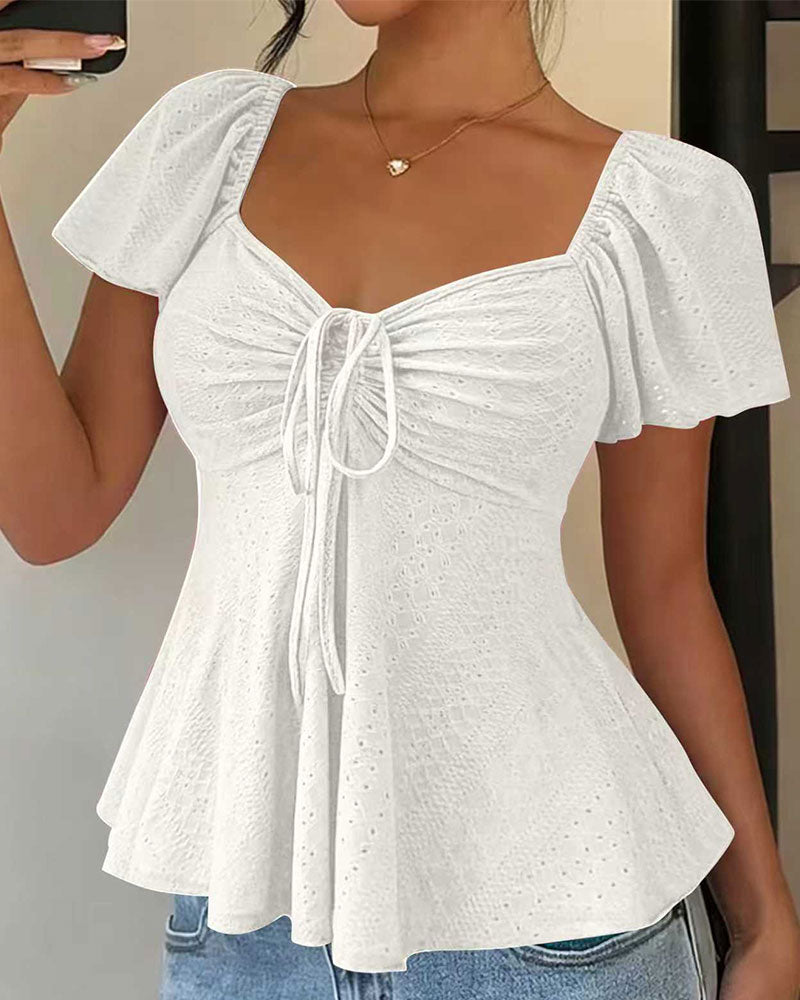 Blouse Doorgebroken Trekkoord Korte Mouw Effen