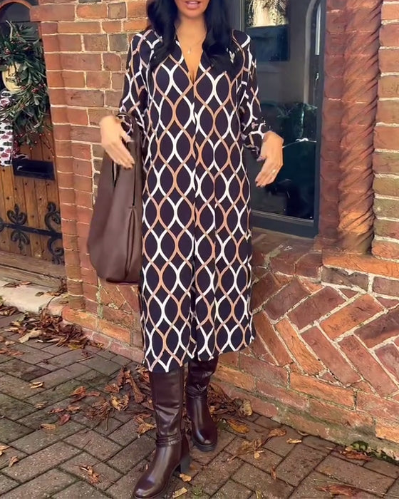 Retro geometrische print V-hals casual jurk