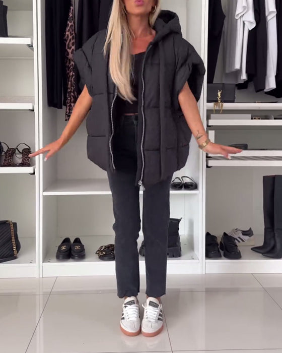 Gewatteerde jassen met capuchon, effen kleur, korte mouwen en rits