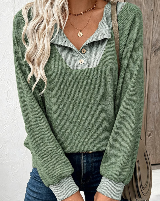 Knit Top Met Contrastkraag Lange Mouwen