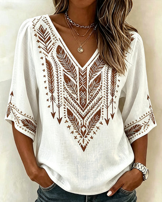 Blouse V-Hals Etnische-Print Los