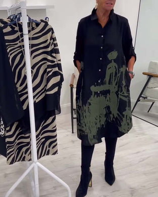 Contrasterende print revers knoop casual jurk