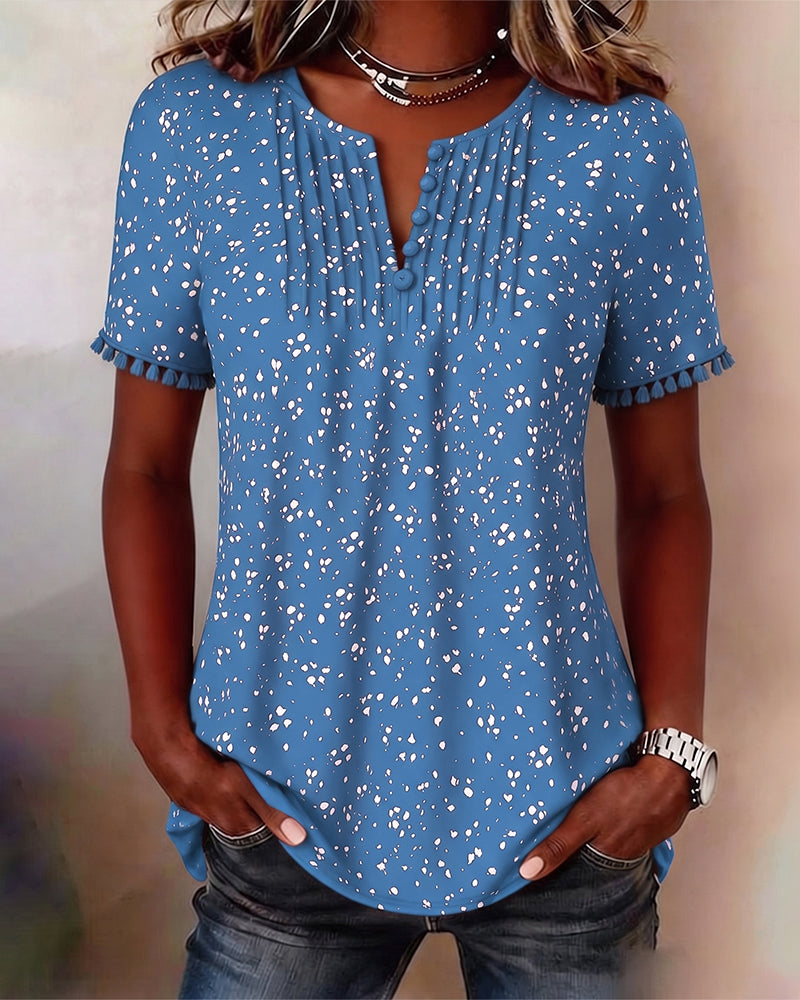 Blouse Witte Stip Franje Korte Mouw