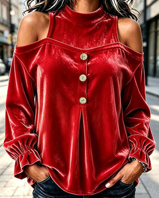 Blouse Fluweel Bardot Houten Knoop