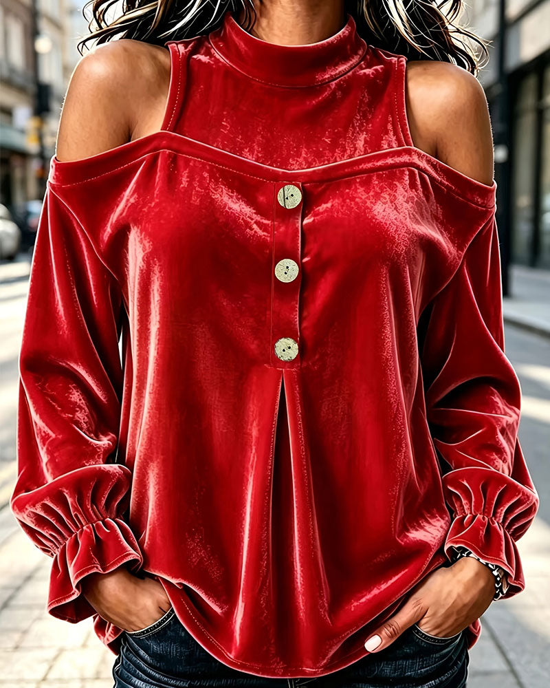 Blouse Fluweel Bardot Houten Knoop