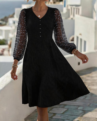 Jurk V-Hals Knoop Kant Patchwork
