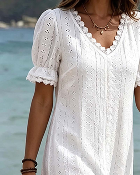 Jurk Effen V-Hals Kant Patchwork Ballon Mouw