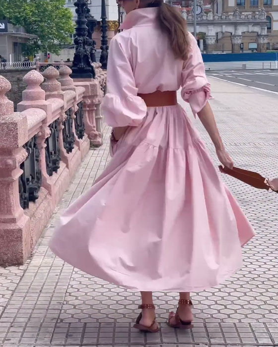 Jurk met revers en volledige rok in effen kleur