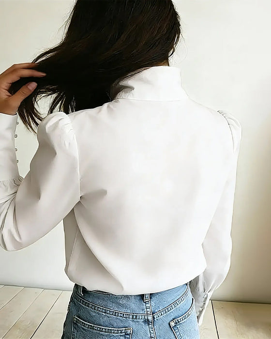 Blouse Opstaande Kraag Knoopsluiting Lange Mouw