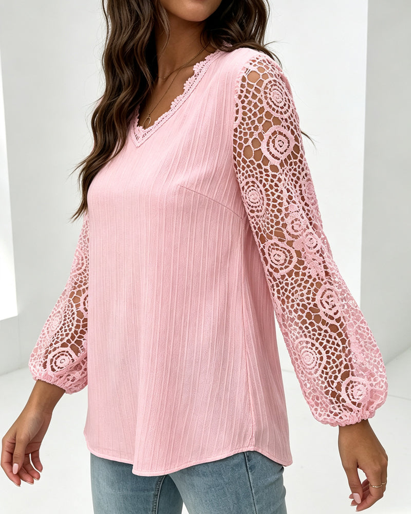 Blouse V-Hals Lantaarn Mouw Casual