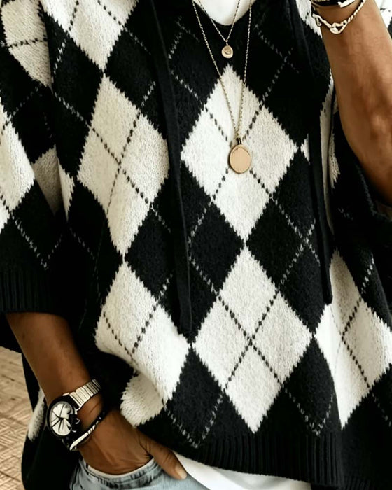 Pullover Plaid Met Capuchon Driekwart Mouw