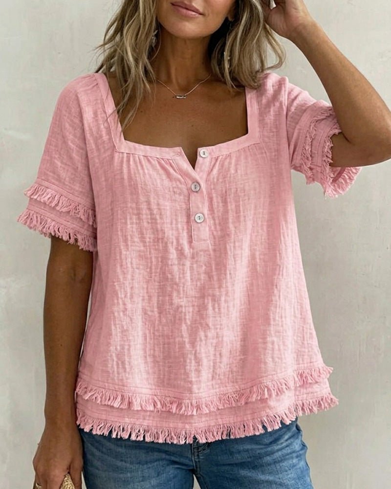 Blouse Vierkante Hals Halfsluiting Franje