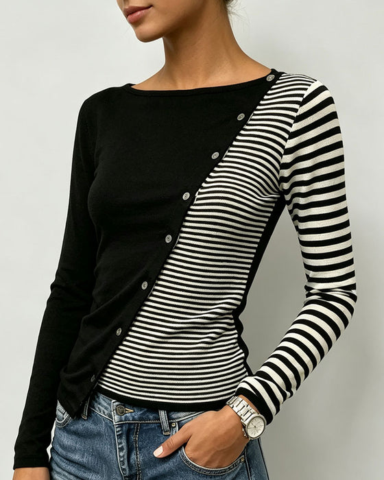 T-Shirt Contrast Gestreept Knoop Patchwork