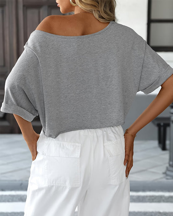 T-Shirts Off-Shoulder Asymmetrisch Gescheurd Omgerolde Zoom
