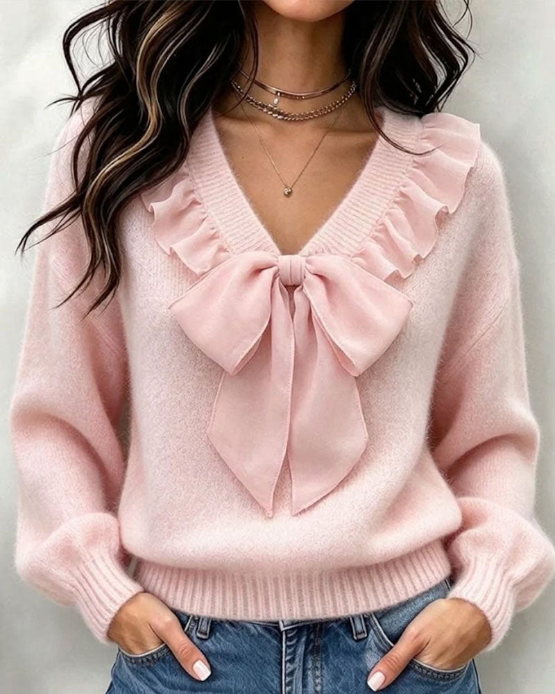 V-Hals Effenkleurige Langarmige Pullover Met Strikdetail