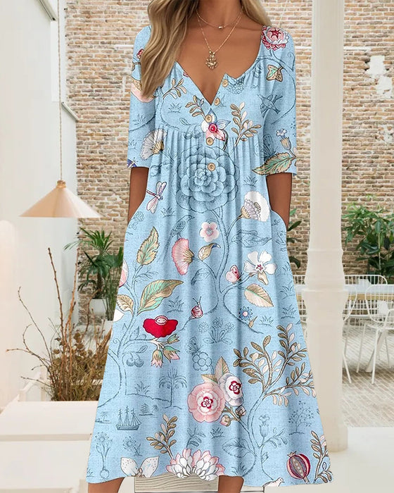 Jurk Halflange Mouw Geprint Plissé A-Lijn