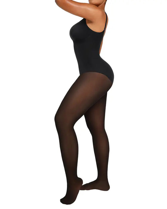 Transparant Paneel Met Fleecegevoerde Panty Stay-Warm Buikcontrole Sheer-Effect Panty Bodysuit Zwart Basic