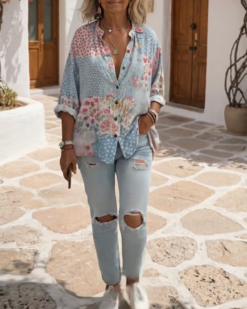 Overhemd Met Kleine Bloemenprint En Opstaande Kraag