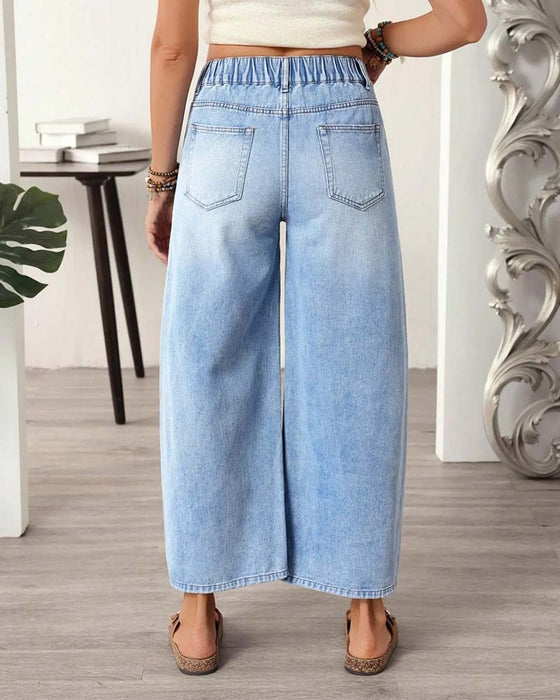 Jeans Denim Elastische Taille Wijd Pijp Cropped
