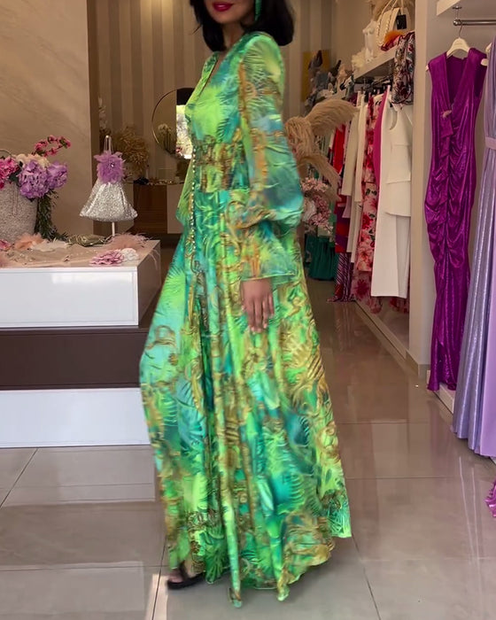 Hoogwaardige jurk met diepe V-taille en print