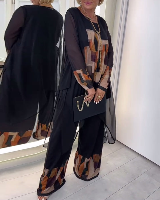 Pak Elegant Lange Mouwen Bedrukt Wijde Pijpen