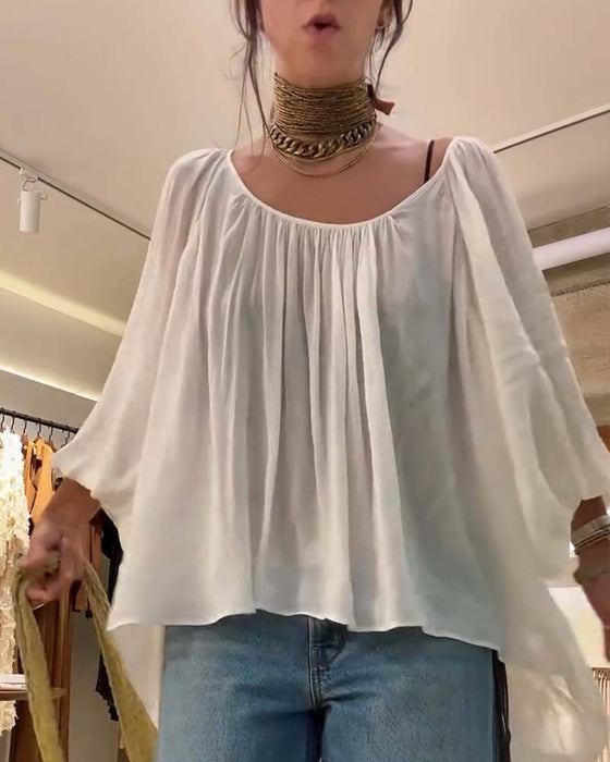Blouse Pof Lantaarn Mouw Gerimpeld Ronde Hals