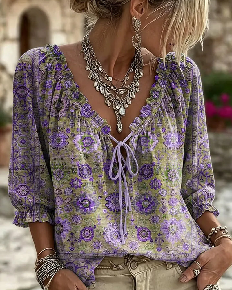Blouse V-Hals Strik Vintage Print